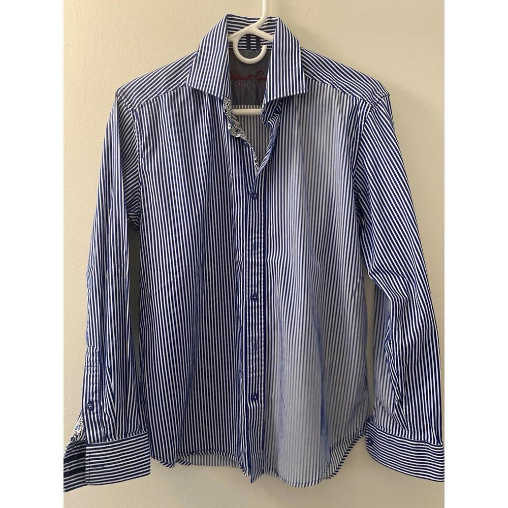 Robert Graham Men’s Blue Stripe Size S Embroidered Logo Floral Trim Long Sleeve